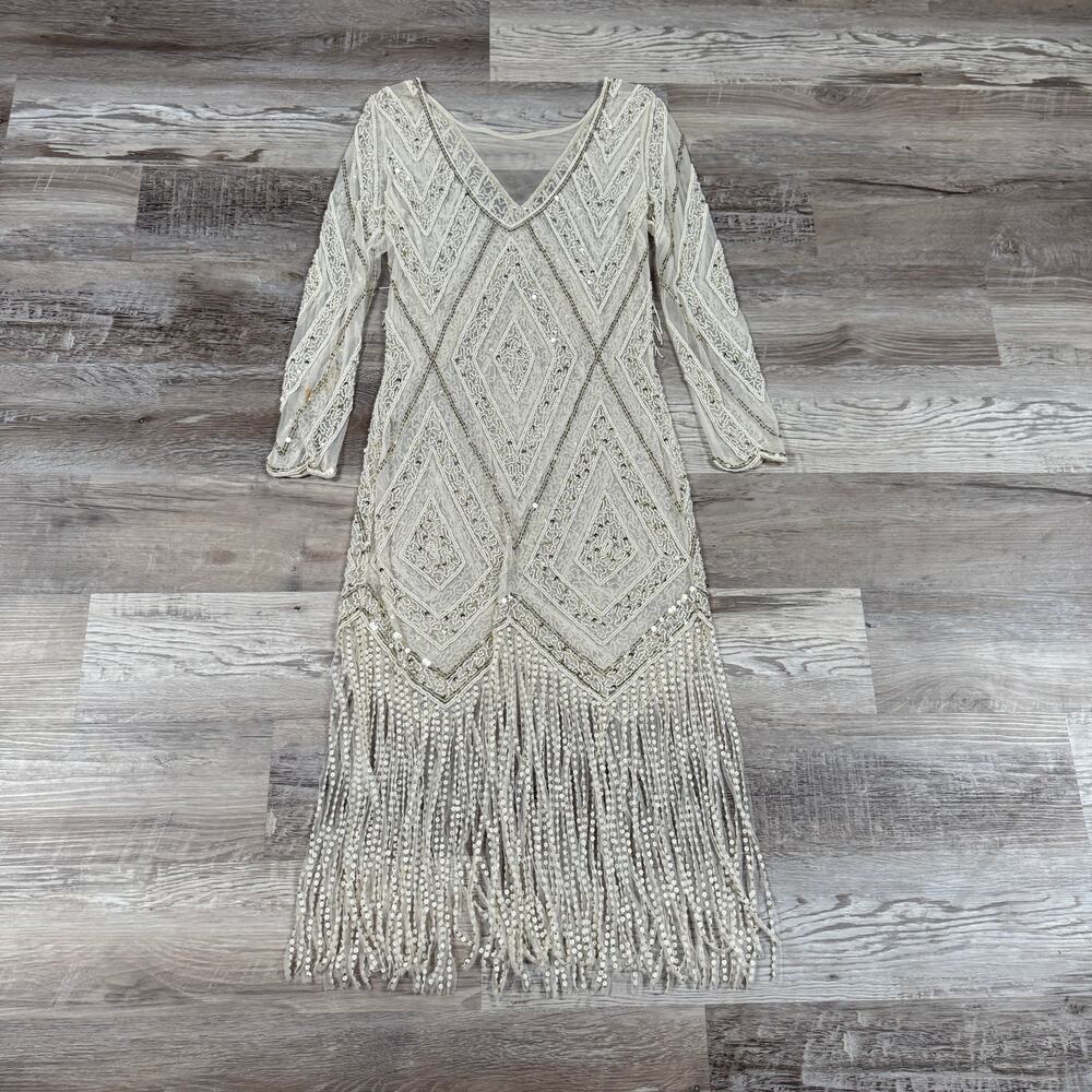Art Deco Beaded Fringe Dress Ivory Sheer Gatsby Cocktail Vintage Inspired 20s S